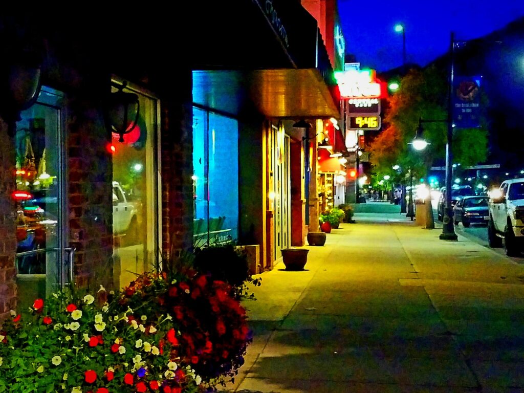 Small town main street on a summer evening